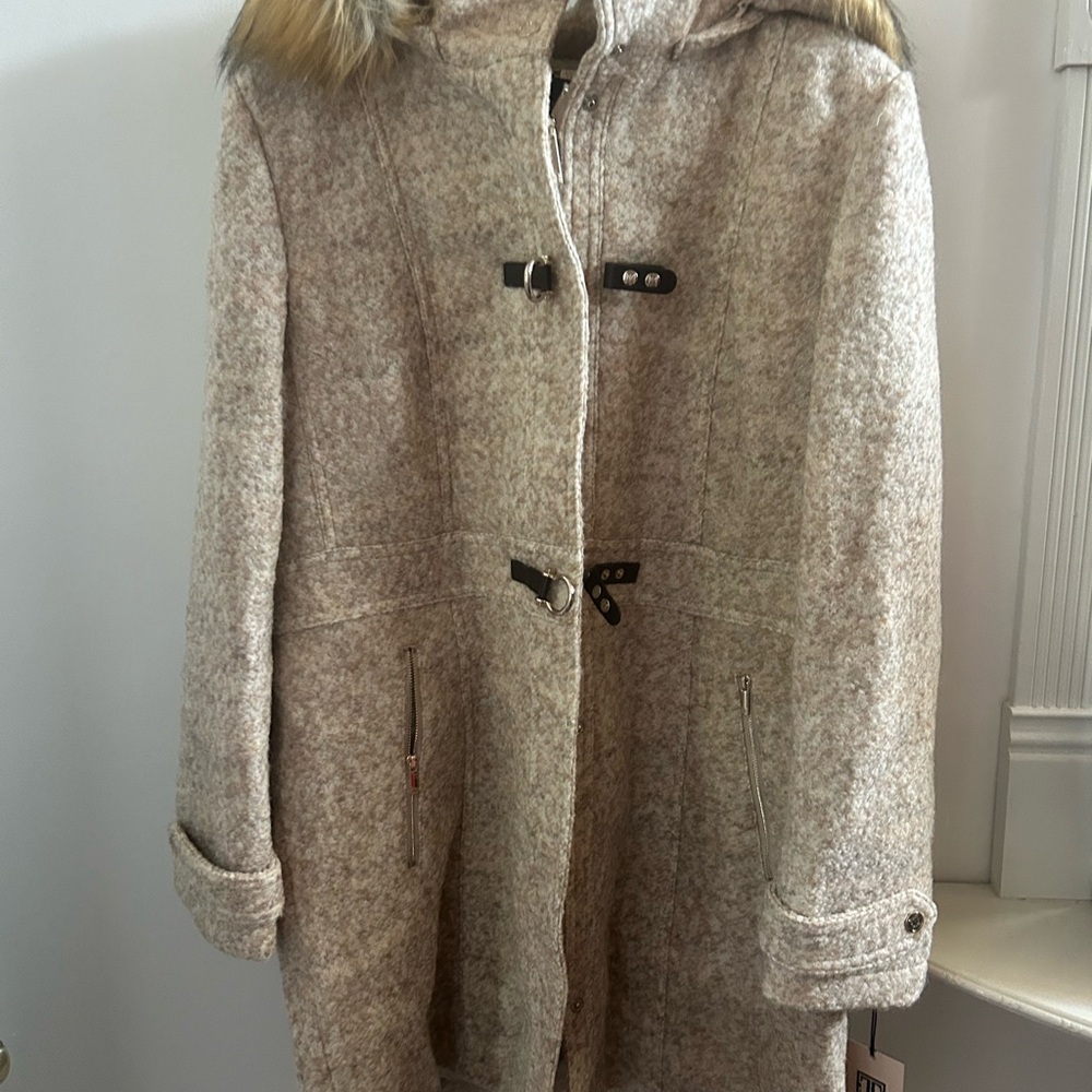Ivanka Trump Beige Puffer Coat with Faux Fur Hood